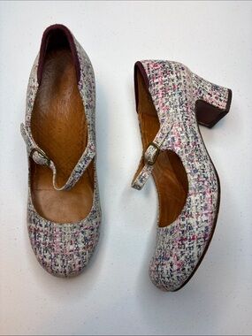 Chie Mihara Troc Tweed Leather Mary Jane Block Heels 38.5